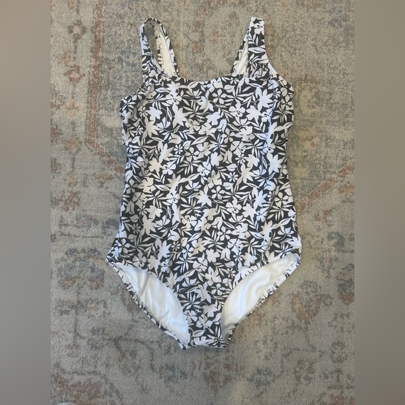 Lands End Womens One Piece Swimsuit Square Neck Black Havana Floral Size 14-16 L - Picture 2 of 8